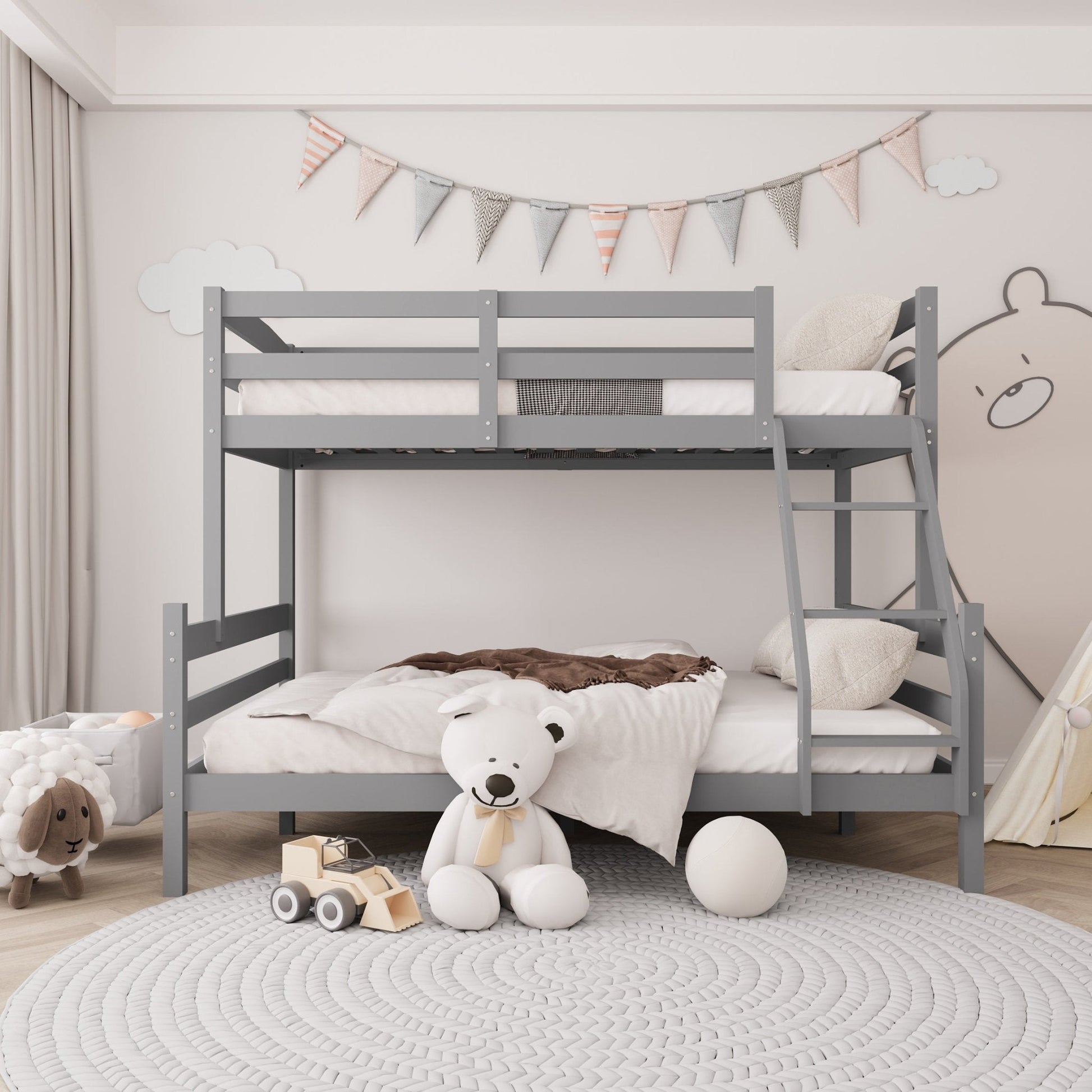 “Twin over full gray and white pine wood bunk bed”
“Modern kids bunk bed with solid wood frame”
“Space-saving bunk bed for children in gray white finish”
