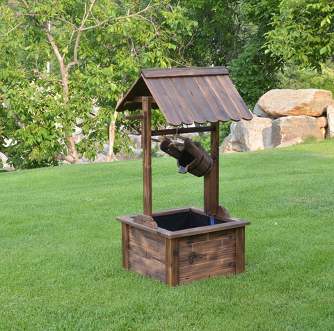 Square wooden water fountain with rustic burnt finish
Compact garden water fountain with built-in pump
Fir wood fountain placed in garden corner
Rustic vertical water feature for outdoor patios
Wooden outdoor decor fountain on green lawn