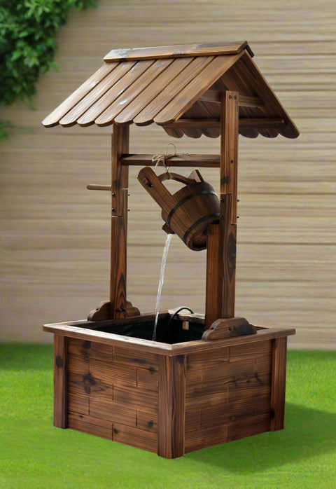 Square wooden water fountain with rustic burnt finish
Compact garden water fountain with built-in pump
Fir wood fountain placed in garden corner
Rustic vertical water feature for outdoor patios
Wooden outdoor decor fountain on green lawn