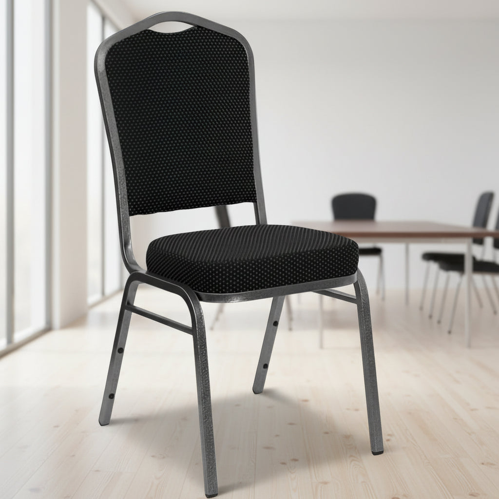 Stackable Banquet Chair – Black Dot Upholstery – Angled Front

Banquet Chairs in Row – Side View

Black Event Chairs in Use at Corporate Event

Commercial Banquet Seating – Stackable Design