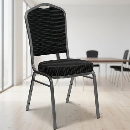 Stackable Banquet Chair – Black Dot Upholstery – Angled Front

Banquet Chairs in Row – Side View

Black Event Chairs in Use at Corporate Event

Commercial Banquet Seating – Stackable Design
