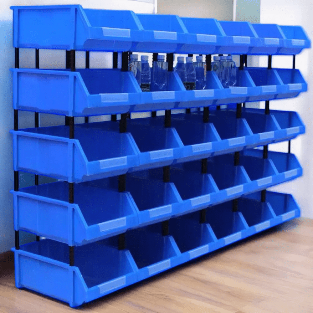 Durable blue plastic storage bins for garages and workshops