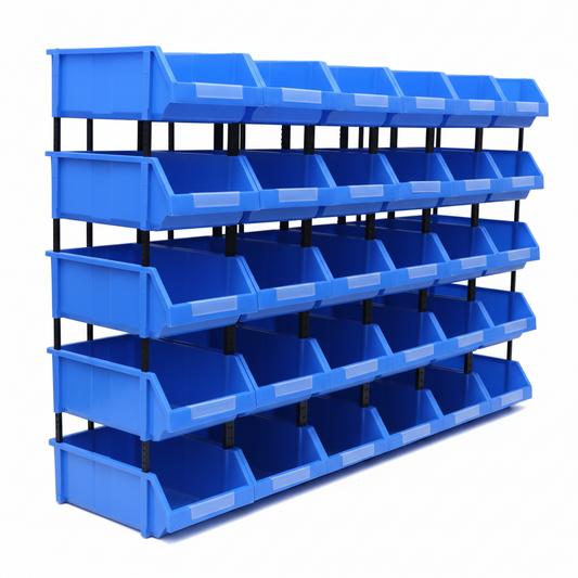 Durable blue plastic storage bins for garages and workshops