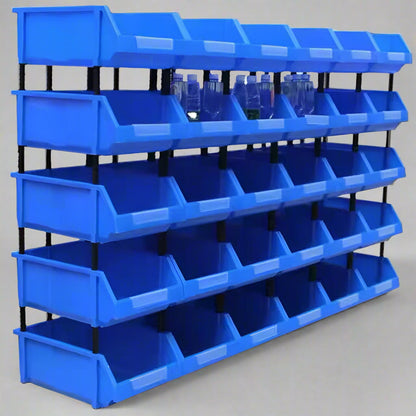 Heavy-duty blue stackable plastic storage bins for parts and bolts
