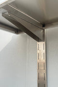 Stainless steel wall-mounted shelf front view

Close-up of shelf bracket and mounting

Side view of stainless steel shelf over prep station

Commercial wall shelf above kitchen counter

Single-tier wall shelf with polished finish