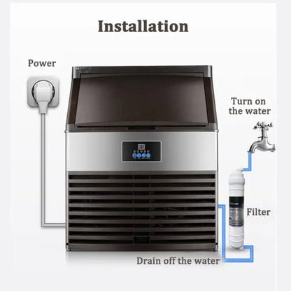 Front view of stainless steel commercial ice cube maker

Side angle of industrial ice machine showing vent

Close-up of ice bin with scoop

Display panel of commercial ice maker with 352 lb capacity

Stainless steel industrial ice maker in restaurant kitchen setting