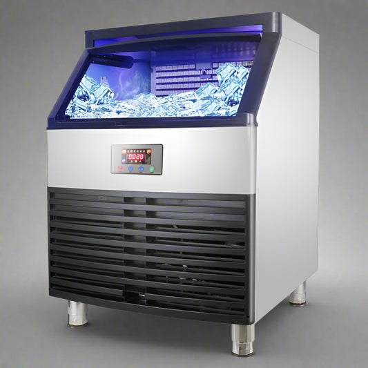 Front view of stainless steel commercial ice cube maker

Side angle of industrial ice machine showing vent

Close-up of ice bin with scoop

Display panel of commercial ice maker with 352 lb capacity

Stainless steel industrial ice maker in restaurant kitchen setting