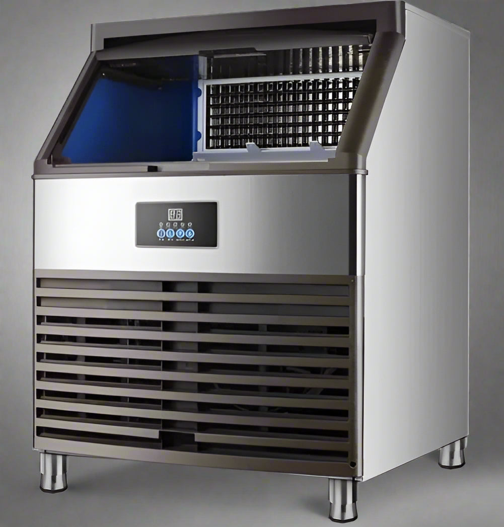 Front view of stainless steel commercial ice cube maker

Side angle of industrial ice machine showing vent

Close-up of ice bin with scoop

Display panel of commercial ice maker with 352 lb capacity

Stainless steel industrial ice maker in restaurant kitchen setting