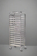 16-layer stainless steel pan rack with wheels

Commercial bakery tray cart side view

Mobile bakery storage cart with tray slots

Stainless steel tray rack for kitchen or bakery

Heavy-duty commercial food rack with lockable wheels