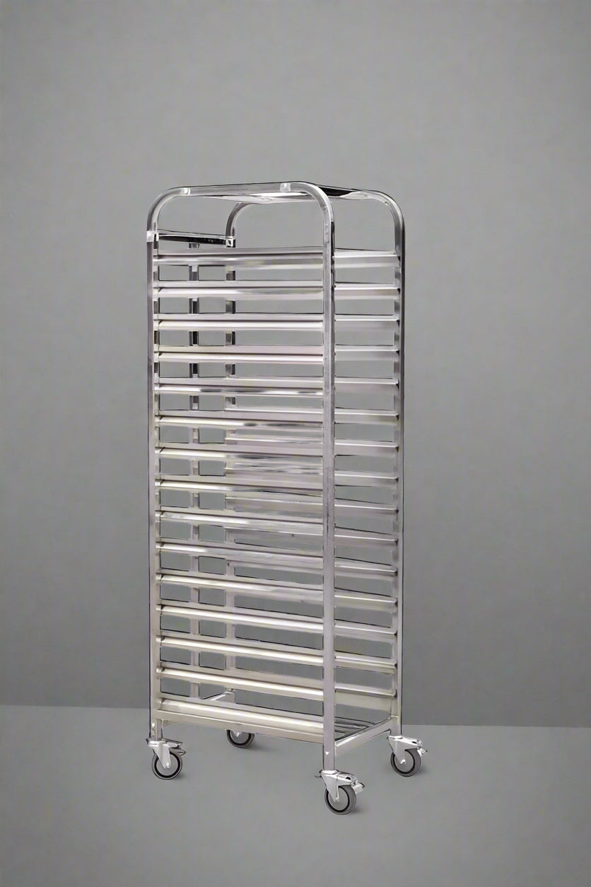 16-layer stainless steel pan rack with wheels

Commercial bakery tray cart side view

Mobile bakery storage cart with tray slots

Stainless steel tray rack for kitchen or bakery

Heavy-duty commercial food rack with lockable wheels