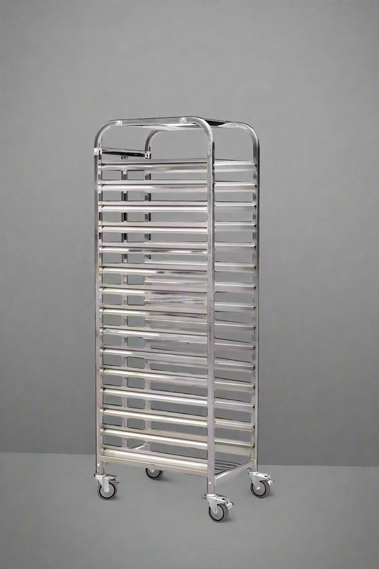 16-layer stainless steel pan rack with wheels

Commercial bakery tray cart side view

Mobile bakery storage cart with tray slots

Stainless steel tray rack for kitchen or bakery

Heavy-duty commercial food rack with lockable wheels