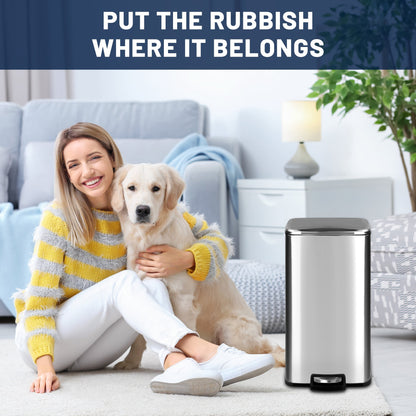 30L stainless steel kitchen trash can with step pedal and soft-close lid

rectangular pedal bin with fingerprint-resistant stainless finish

trash can with removable inner bucket and non-skid base

compact stainless steel step trash bin for kitchen or office use