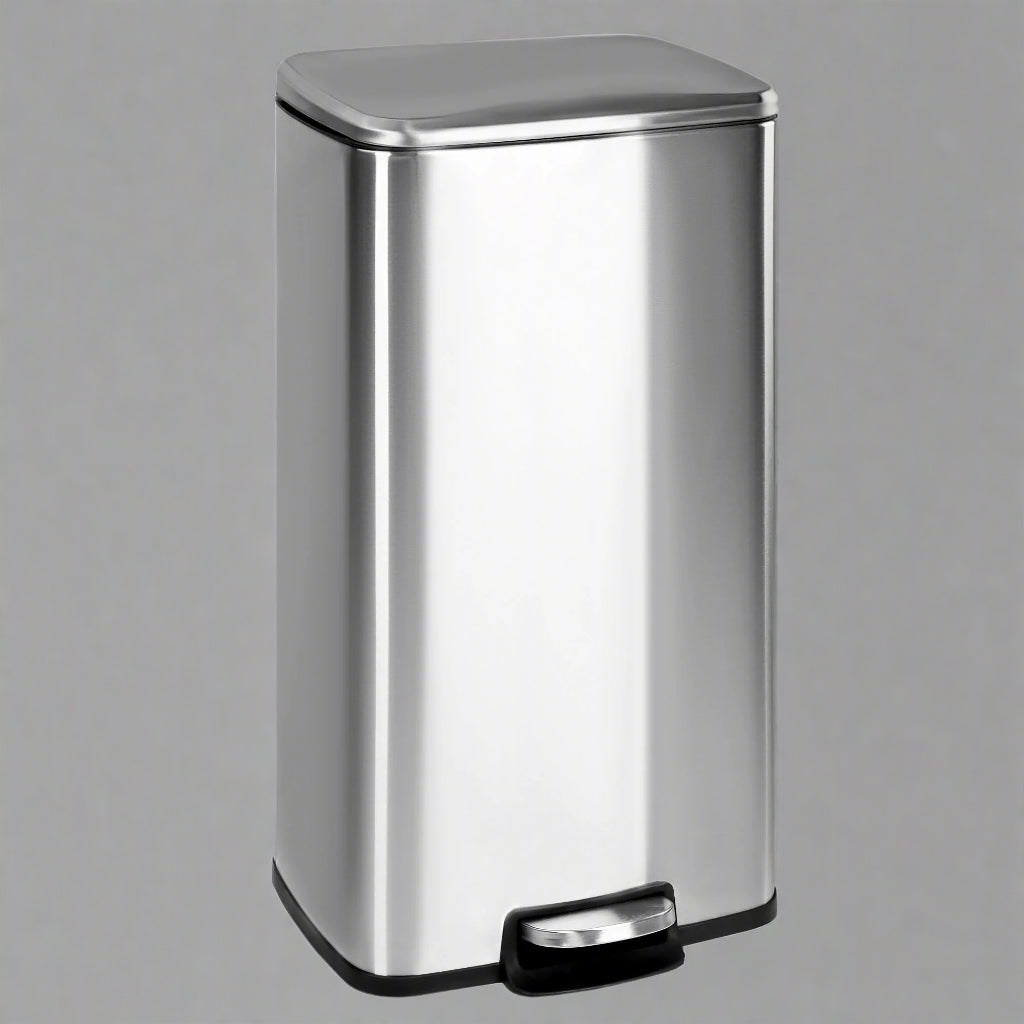 30L stainless steel kitchen trash can with step pedal and soft-close lid

rectangular pedal bin with fingerprint-resistant stainless finish

trash can with removable inner bucket and non-skid base

compact stainless steel step trash bin for kitchen or office use