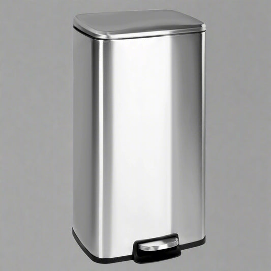 30L stainless steel kitchen trash can with step pedal and soft-close lid

rectangular pedal bin with fingerprint-resistant stainless finish

trash can with removable inner bucket and non-skid base

compact stainless steel step trash bin for kitchen or office use