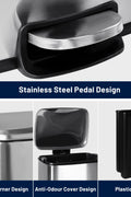 30L stainless steel kitchen trash can with step pedal and soft-close lid

rectangular pedal bin with fingerprint-resistant stainless finish

trash can with removable inner bucket and non-skid base

compact stainless steel step trash bin for kitchen or office use