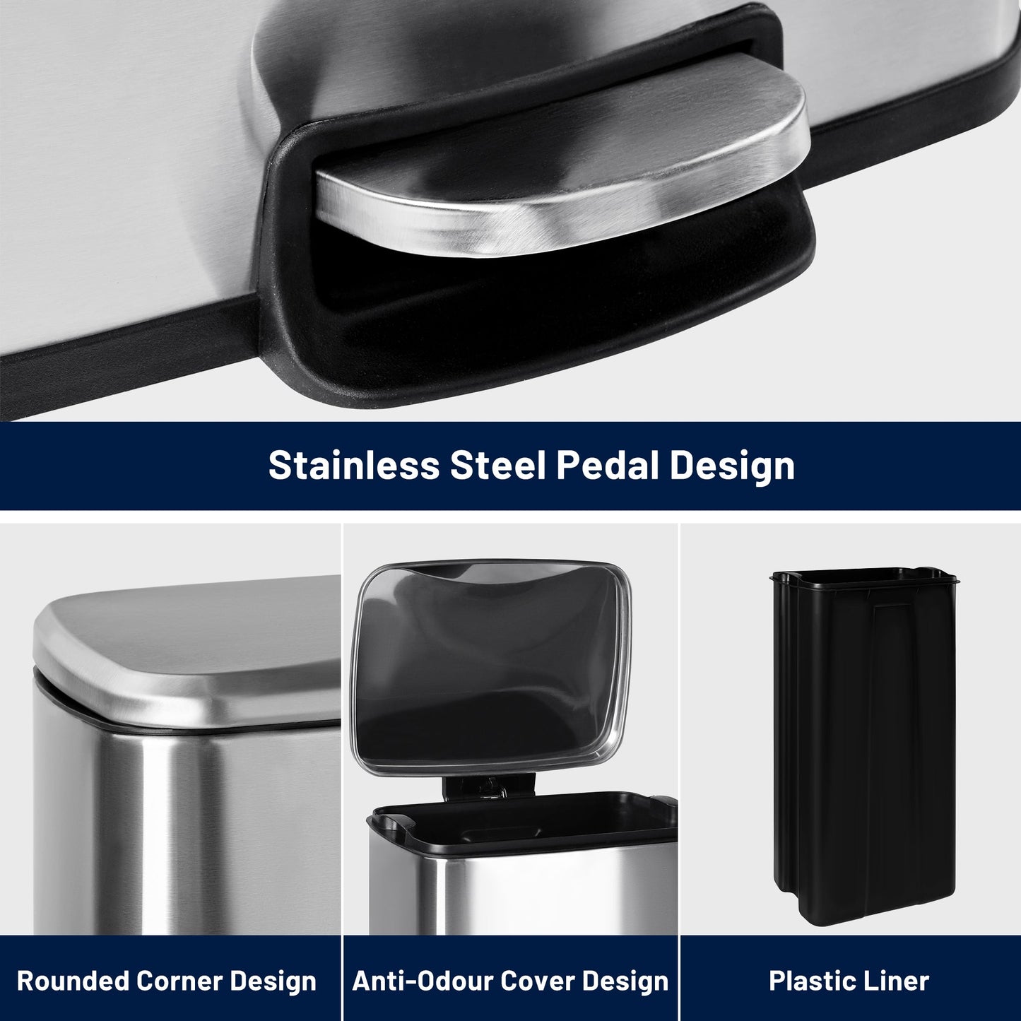 30L stainless steel kitchen trash can with step pedal and soft-close lid

rectangular pedal bin with fingerprint-resistant stainless finish

trash can with removable inner bucket and non-skid base

compact stainless steel step trash bin for kitchen or office use