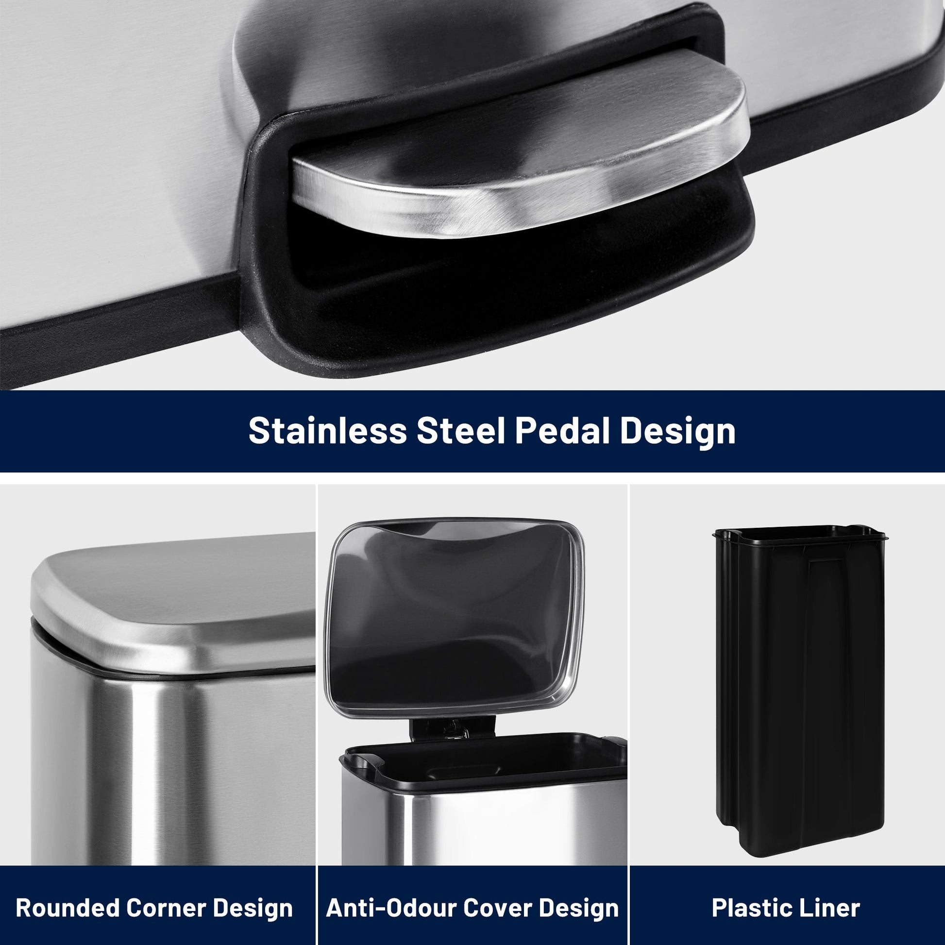 30L stainless steel kitchen trash can with step pedal and soft-close lid

rectangular pedal bin with fingerprint-resistant stainless finish

trash can with removable inner bucket and non-skid base

compact stainless steel step trash bin for kitchen or office use
