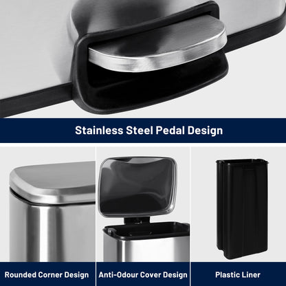 30L stainless steel kitchen trash can with step pedal and soft-close lid

rectangular pedal bin with fingerprint-resistant stainless finish

trash can with removable inner bucket and non-skid base

compact stainless steel step trash bin for kitchen or office use