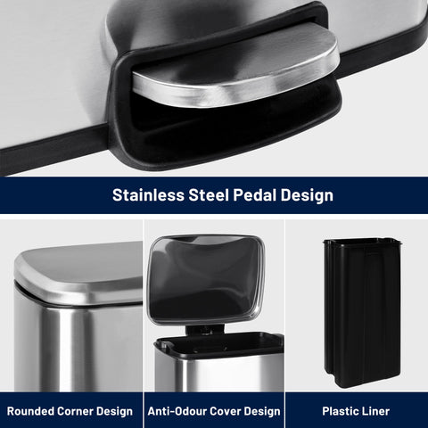 30L stainless steel kitchen trash can with step pedal and soft-close lid

rectangular pedal bin with fingerprint-resistant stainless finish

trash can with removable inner bucket and non-skid base

compact stainless steel step trash bin for kitchen or office use