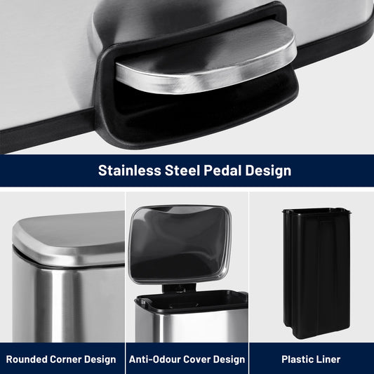 30L stainless steel kitchen trash can with step pedal and soft-close lid

rectangular pedal bin with fingerprint-resistant stainless finish

trash can with removable inner bucket and non-skid base

compact stainless steel step trash bin for kitchen or office use