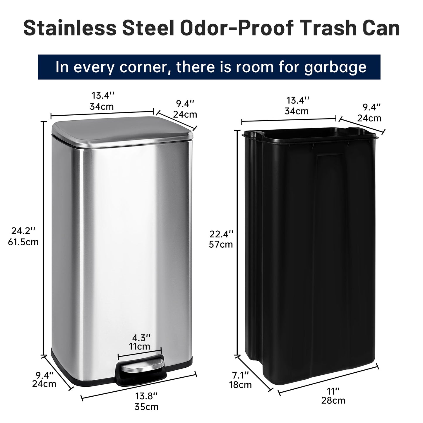 30L stainless steel kitchen trash can with step pedal and soft-close lid

rectangular pedal bin with fingerprint-resistant stainless finish

trash can with removable inner bucket and non-skid base

compact stainless steel step trash bin for kitchen or office use