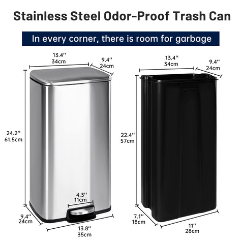 30L stainless steel kitchen trash can with step pedal and soft-close lid

rectangular pedal bin with fingerprint-resistant stainless finish

trash can with removable inner bucket and non-skid base

compact stainless steel step trash bin for kitchen or office use
