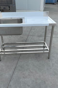 Stainless steel sink with right drainboard and backsplash

Freestanding commercial sink for food prep

Single bowl kitchen sink with undershelf

Heavy-duty stainless sink station front view

Restaurant-grade sink unit with drainboard