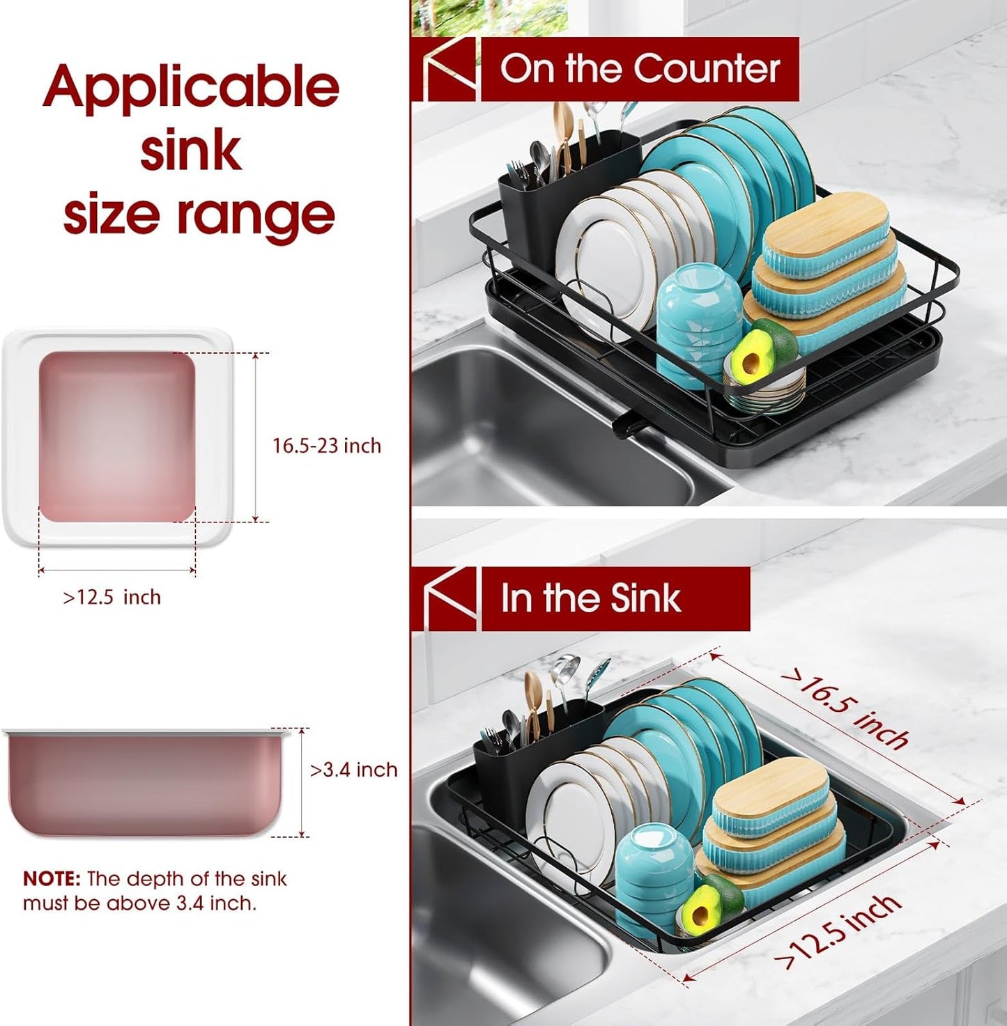 Compact stainless steel dish rack with white bowls and plates

Close-up of drainboard draining water into sink

Side view of dish rack showing utensil holder

All parts of dish rack laid out for assembly

Stainless steel rack in modern kitchen setting