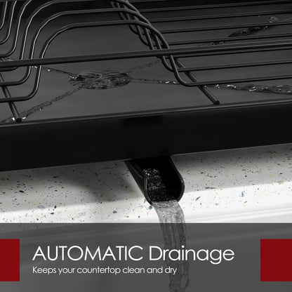 Compact stainless steel dish rack with white bowls and plates

Close-up of drainboard draining water into sink

Side view of dish rack showing utensil holder

All parts of dish rack laid out for assembly

Stainless steel rack in modern kitchen setting