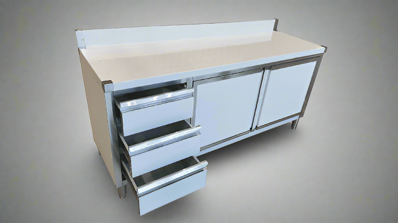 Stainless steel cabinet table front view

Industrial workbench with drawers and soft-close doors

Side angle of stainless steel garage workstation