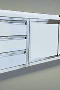 Stainless steel cabinet table front view

Industrial workbench with drawers and soft-close doors

Side angle of stainless steel garage workstation