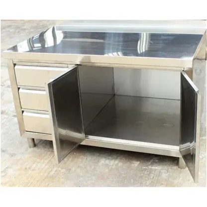 Stainless steel cabinet table front view

Industrial workbench with drawers and soft-close doors

Side angle of stainless steel garage workstation