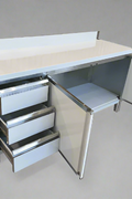 Stainless steel cabinet table front view

Industrial workbench with drawers and soft-close doors

Side angle of stainless steel garage workstation