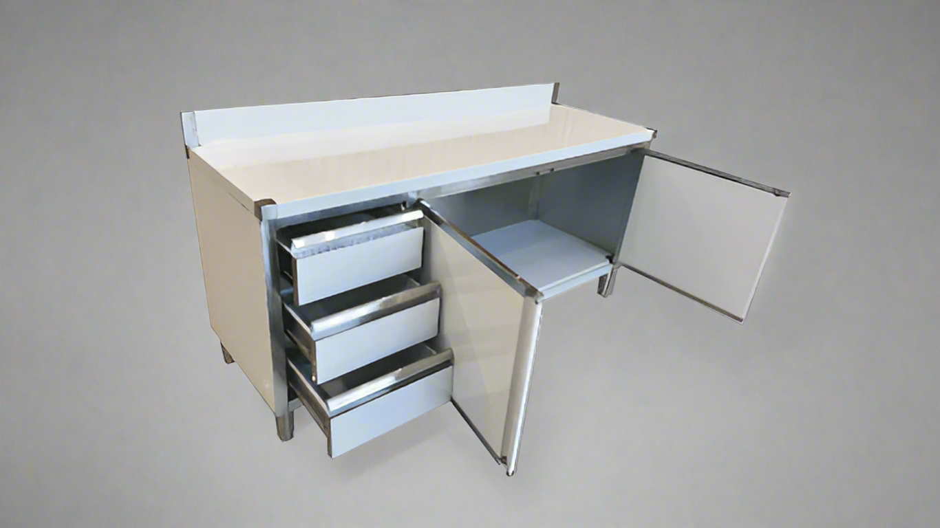 Stainless steel cabinet table front view

Industrial workbench with drawers and soft-close doors

Side angle of stainless steel garage workstation