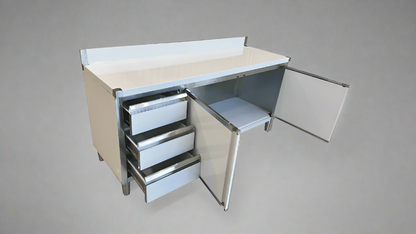 Stainless steel cabinet table front view

Industrial workbench with drawers and soft-close doors

Side angle of stainless steel garage workstation