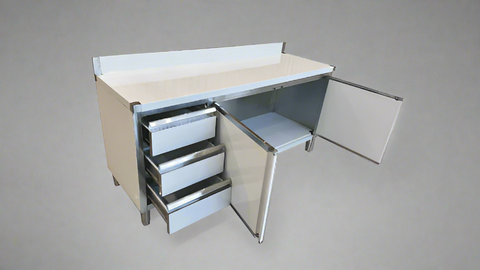 Stainless steel cabinet table front view

Industrial workbench with drawers and soft-close doors

Side angle of stainless steel garage workstation