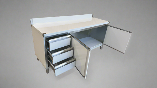 Stainless steel cabinet table front view

Industrial workbench with drawers and soft-close doors

Side angle of stainless steel garage workstation