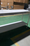 Stainless steel rolling work table with locking wheels – front view

48-inch stainless steel prep station with under-shelf and casters

72-inch commercial kitchen table with wheels – side angle

Mobile food service prep table with heavy-duty design

Industrial stainless table in warehouse environment