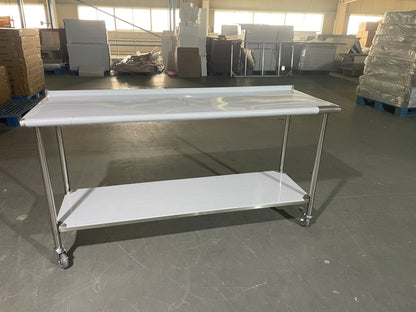 Stainless steel rolling work table with locking wheels – front view

48-inch stainless steel prep station with under-shelf and casters

72-inch commercial kitchen table with wheels – side angle

Mobile food service prep table with heavy-duty design

Industrial stainless table in warehouse environment