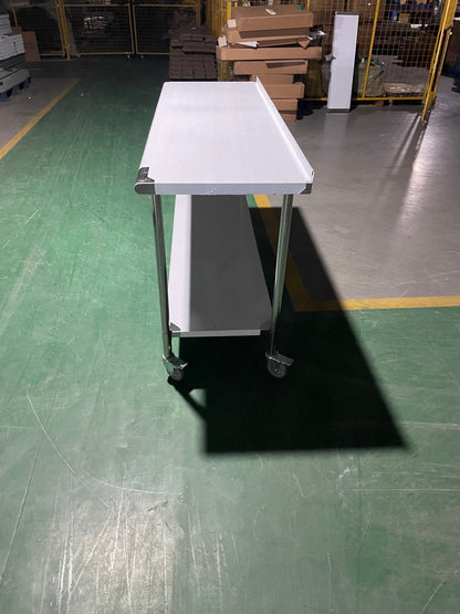 Stainless steel rolling work table with locking wheels – front view

48-inch stainless steel prep station with under-shelf and casters

72-inch commercial kitchen table with wheels – side angle

Mobile food service prep table with heavy-duty design

Industrial stainless table in warehouse environment