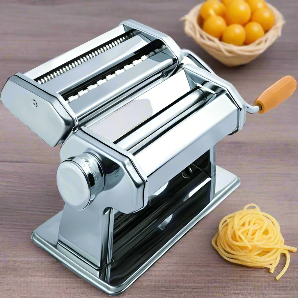 Manual stainless steel pasta maker with roller and cutter attachments – ideal for homemade spaghetti, linguine, and fettuccine