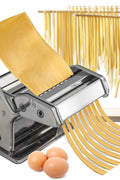 Manual stainless steel pasta maker with roller and cutter attachments – ideal for homemade spaghetti, linguine, and fettuccine