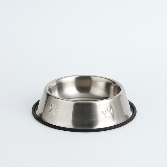 Stainless steel pet bowl with anti-slip base
7" dog food bowl on white background
Side-by-side stainless steel bowls for cats and dogs