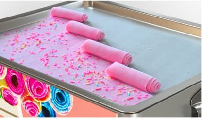 “Rolled ice cream machine with colorful ingredients”

“Stainless steel commercial ice cream maker on display”

“180W rolled ice cream maker with side ventilation holes”

“Rolled ice cream prep on freezing plate”

“Ice cream rolls being made with spatula”