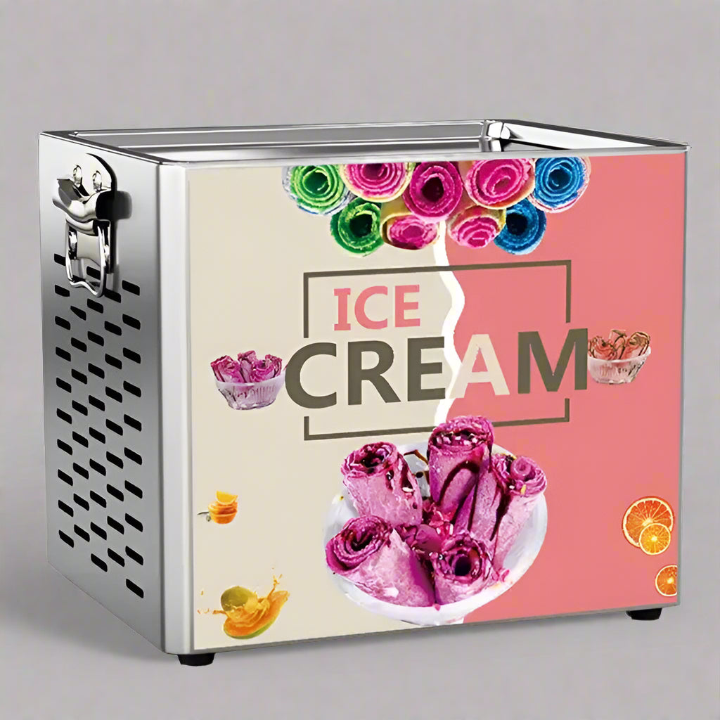 “Rolled ice cream machine with colorful ingredients”

“Stainless steel commercial ice cream maker on display”

“180W rolled ice cream maker with side ventilation holes”

“Rolled ice cream prep on freezing plate”

“Ice cream rolls being made with spatula”