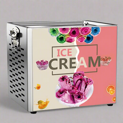 “Rolled ice cream machine with colorful ingredients”

“Stainless steel commercial ice cream maker on display”

“180W rolled ice cream maker with side ventilation holes”

“Rolled ice cream prep on freezing plate”

“Ice cream rolls being made with spatula”