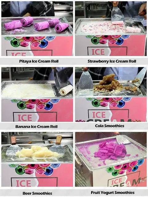 “Rolled ice cream machine with colorful ingredients”

“Stainless steel commercial ice cream maker on display”

“180W rolled ice cream maker with side ventilation holes”

“Rolled ice cream prep on freezing plate”

“Ice cream rolls being made with spatula”