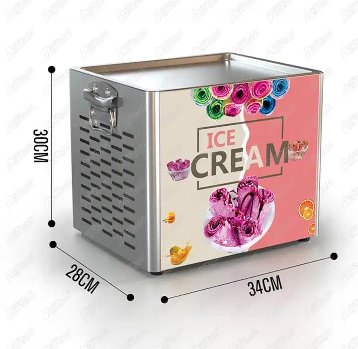 “Rolled ice cream machine with colorful ingredients”

“Stainless steel commercial ice cream maker on display”

“180W rolled ice cream maker with side ventilation holes”

“Rolled ice cream prep on freezing plate”

“Ice cream rolls being made with spatula”