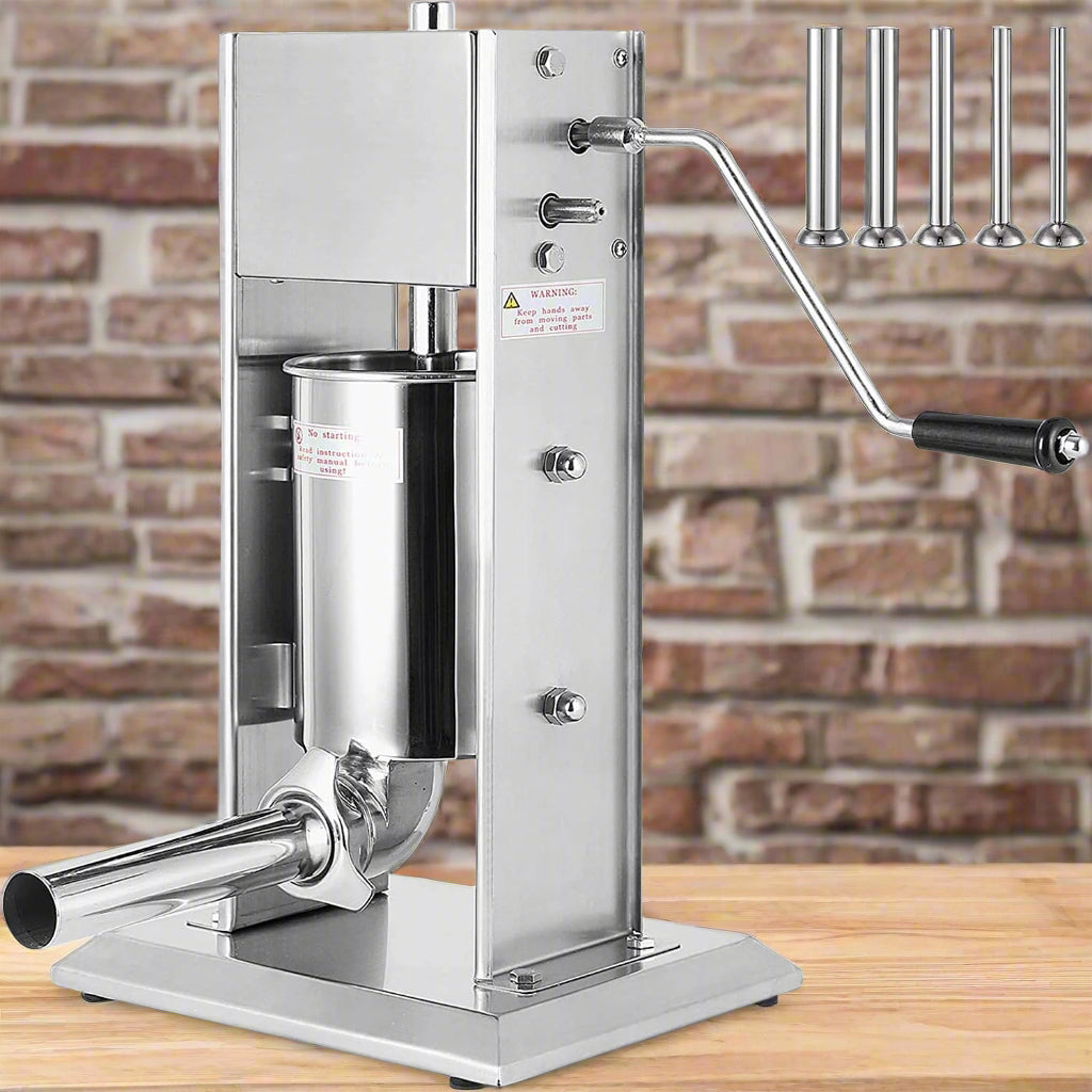 Stainless steel sausage stuffer 3L vertical – front view
Full set with 4 stuffing tubes – commercial sausage maker
Stuffer with removable cylinder and mountable base
Tilt-back vertical stuffer with food-safe piston
Homemade sausage in tray next to vertical stuffer