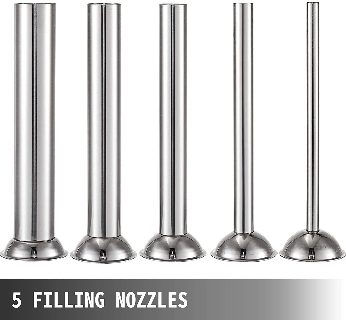 Stainless steel sausage stuffer 3L vertical – front view
Full set with 4 stuffing tubes – commercial sausage maker
Stuffer with removable cylinder and mountable base
Tilt-back vertical stuffer with food-safe piston
Homemade sausage in tray next to vertical stuffer